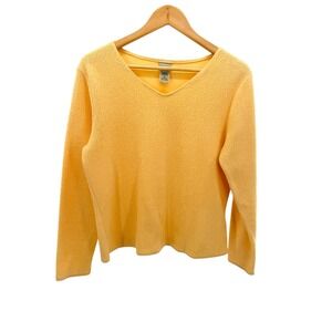LL Bean Womens Yellow Sherpa Fleece V-Neck‎ Pullover Sweater M Granola Girl Cozy